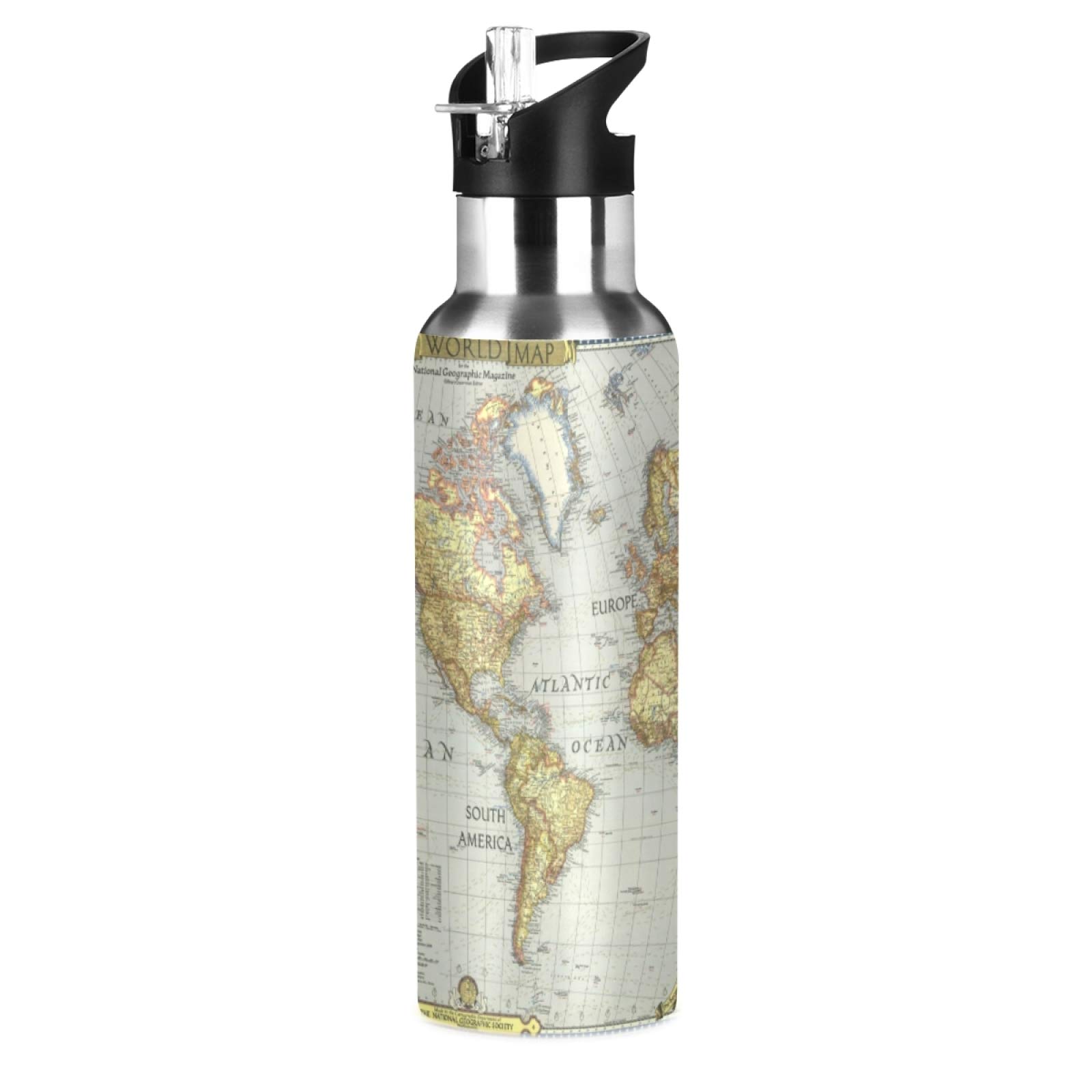 JUMBEAR Painting World Map Water Bottle Acuum Insulated Stainless Steel Leakproof Wide Mouth with Straw Lid for Fitness Gym and Outdoor Sports 22OZ โ image 1