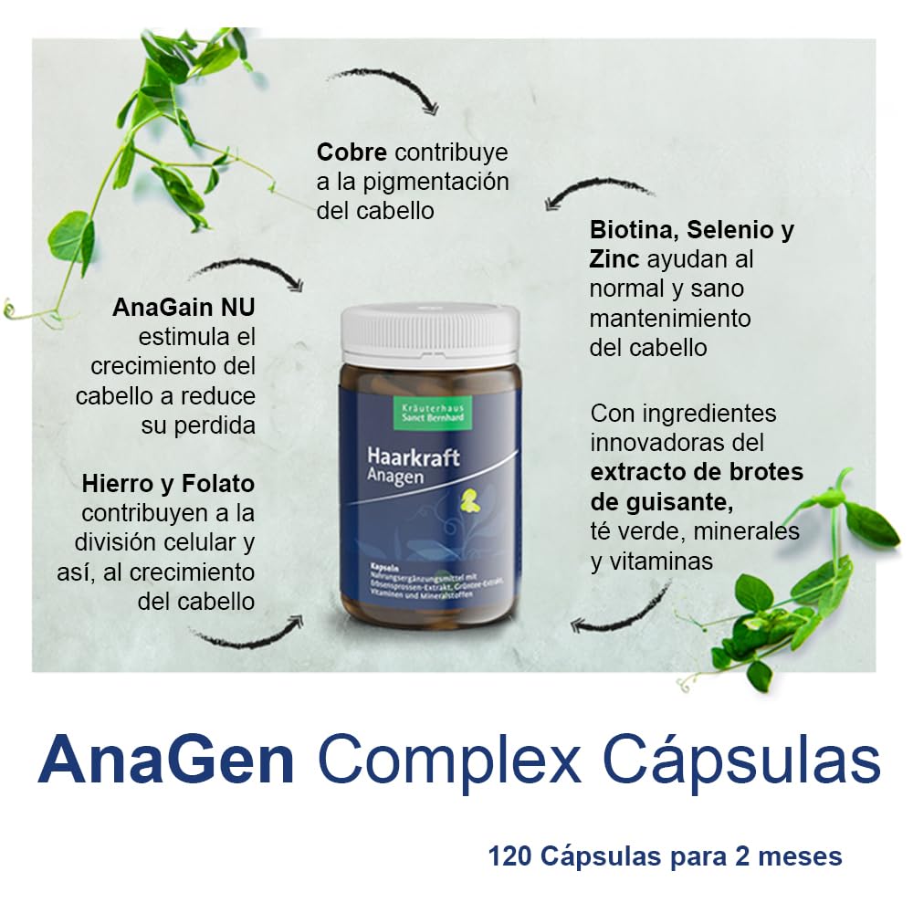AnaGen Complex – Complemento Capilar Anticaída con AnaGain, Biotina, Zinc, Selenio y Té Verde – Vitaminas para el Crecimiento y Fortalecimiento del Cabello – 120 Cápsulas Veganas, 2 Meses