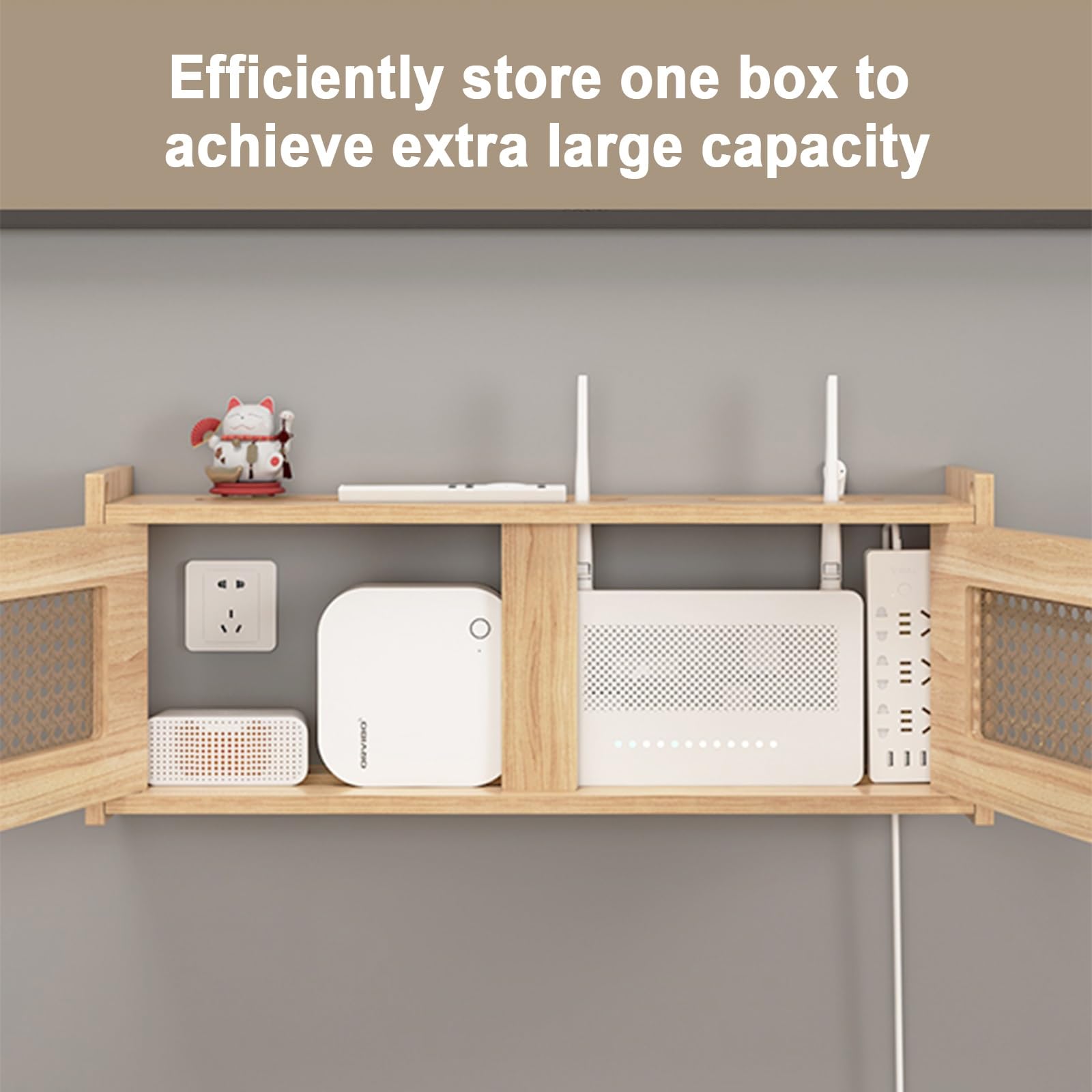 Étagère murale en bois avec porte tressée en rotin pour le rangement du routeur WiFi et la gestion des câbles d'alimentation, idéale pour le bureau et la maison