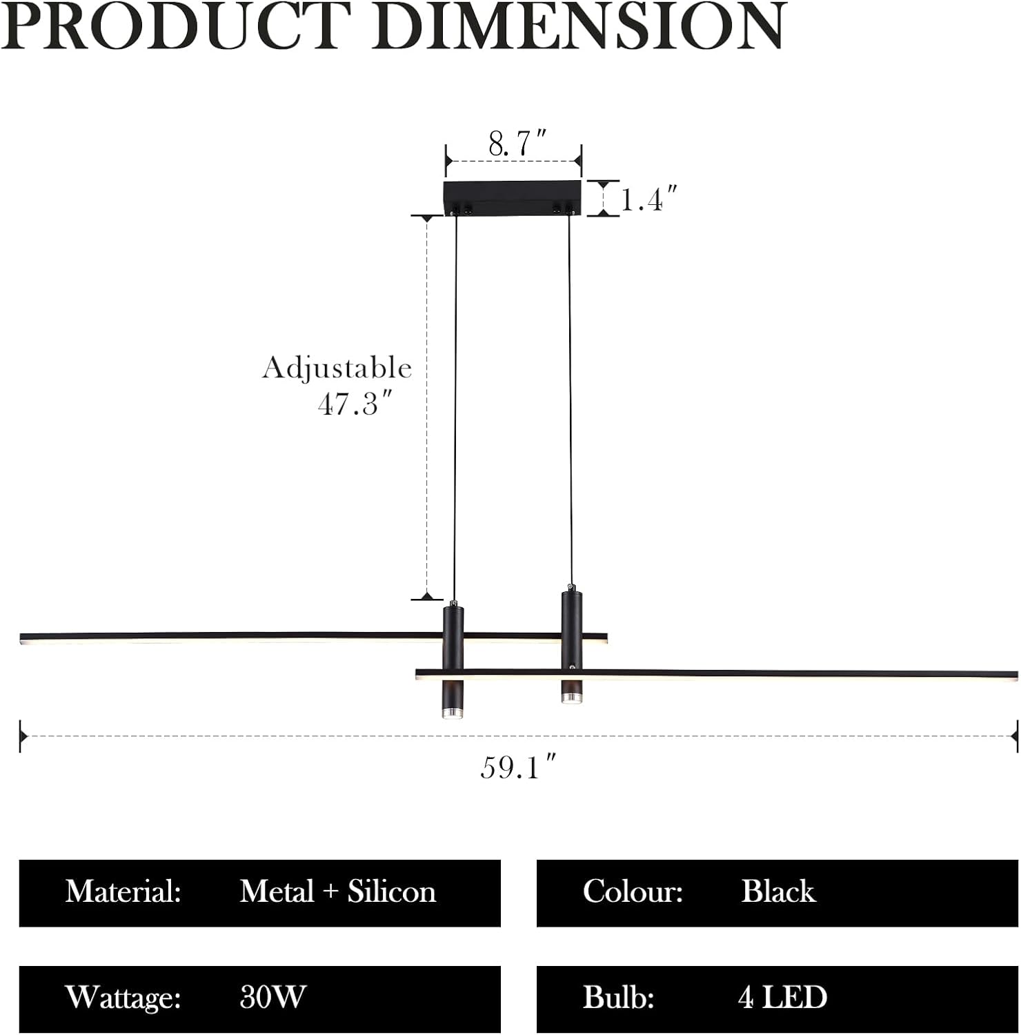 Modern LED Chandelier 59.1 Black Kitchen Island Pendant Light Fixtures Linear Pendant Lighting with Remote Dining Rooms Living Room Dimmable 3000K-6000K