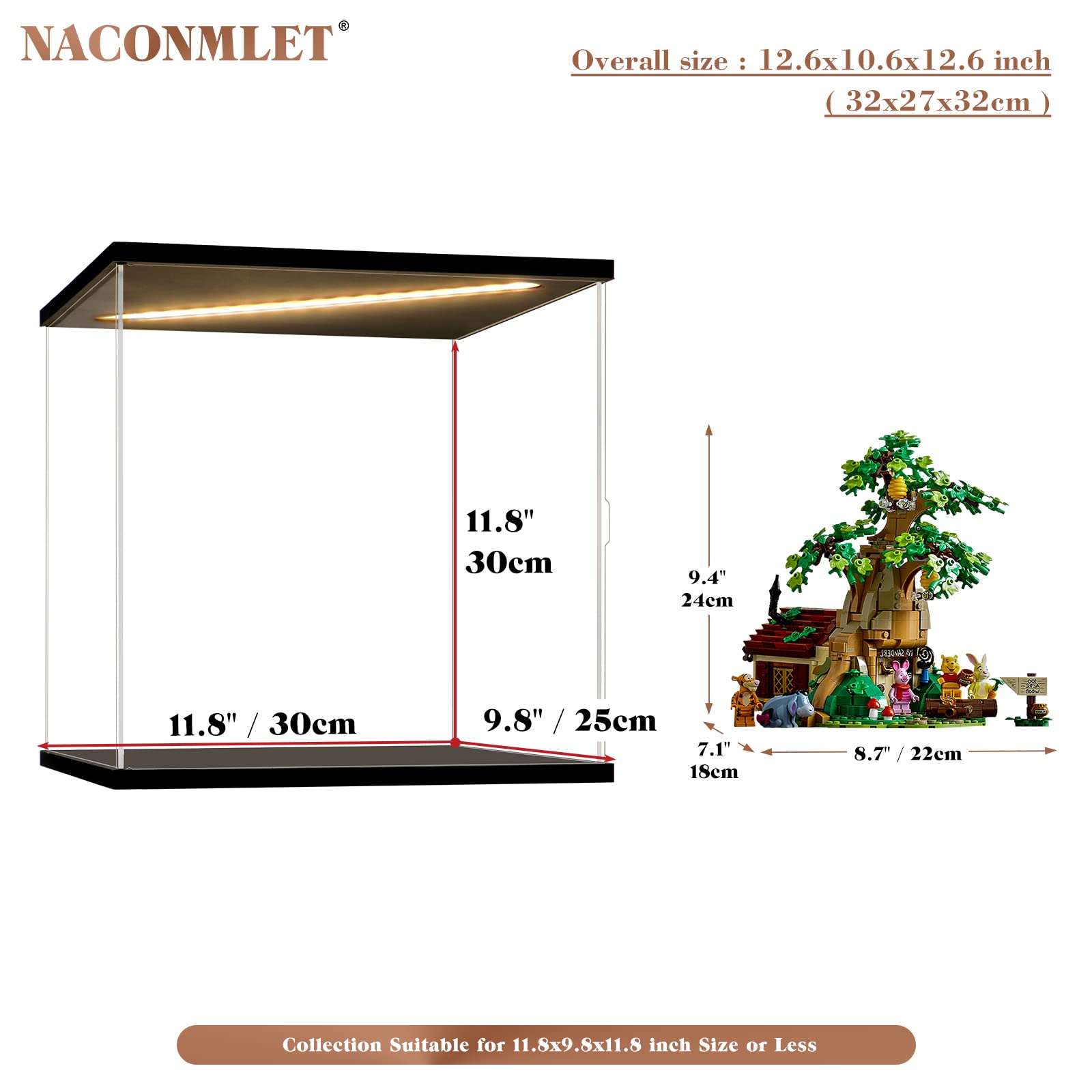 Naconmlet Clear Acrylic Display Case for Disney Winnie The Pooh 21326,LED-Lit Display Box Dustproof Showcase for Collectibles/Trope /Action Figures ( 11.8