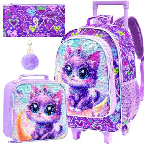 KLFVB Kids Rolling Backpack for Girls, Roller Wheels School Bag with Lunch Bag, Wheeled Sequins School Bookbag for Children - Moon Cat