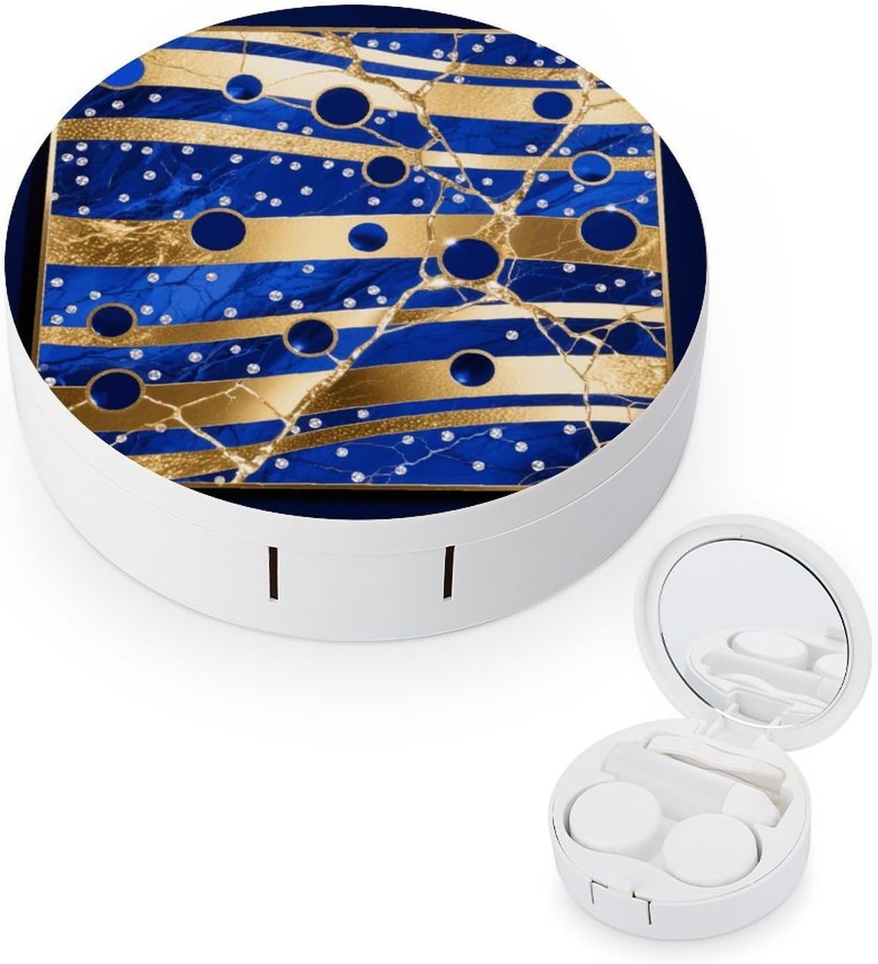 Golden Blue Marble Contact Lens Case with Cleaner Washer Cute Contact Lens Soak Storage Holder Container with Mirror Mini Portable Contact Lens Box Set for Travel Outdoor Use