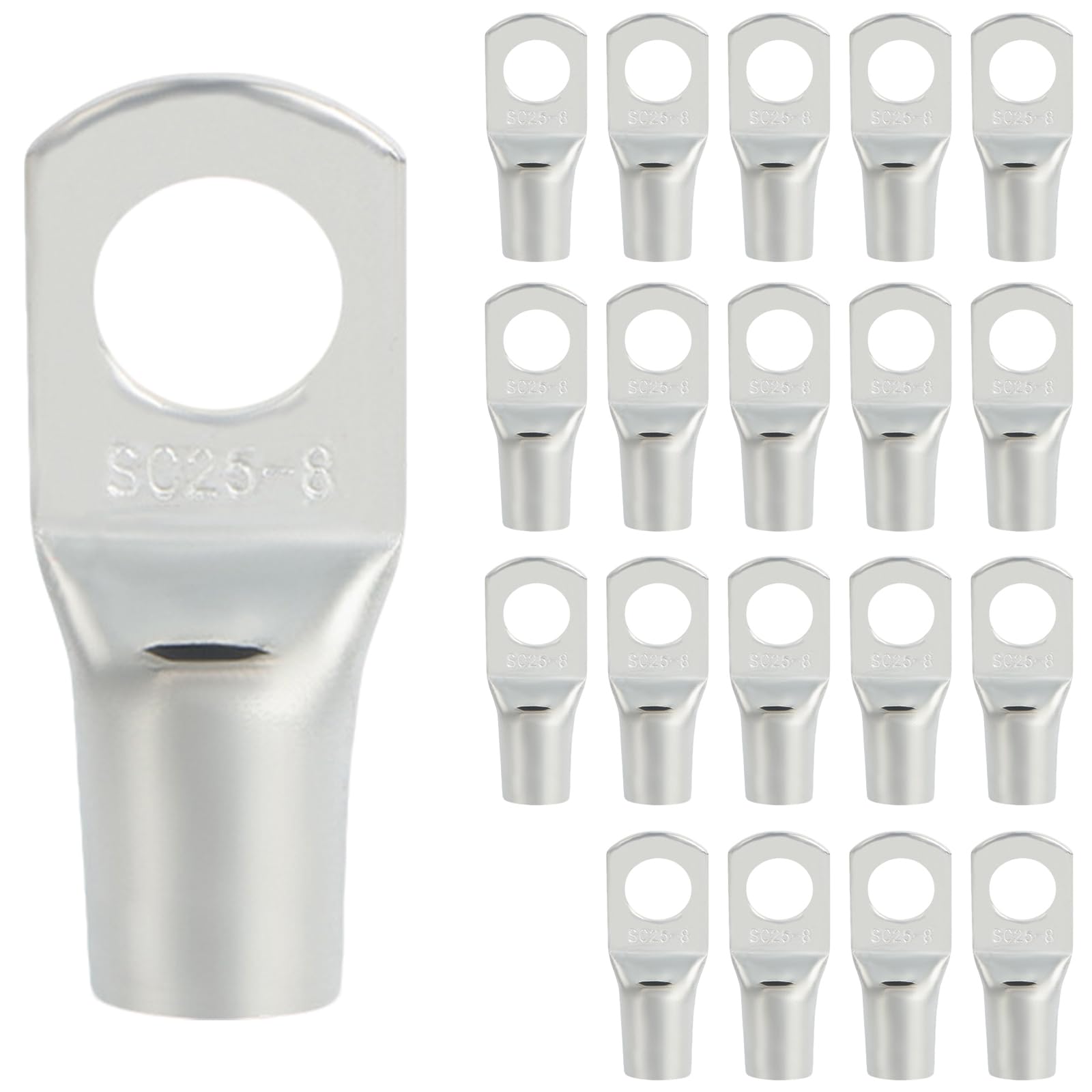 TRACOMPAN 20 Pcs M8 Cable Lugs, SC25-8 Ring Connectors, Tinned Copper Tube Crimp Terminals, Ring Lugs 25mm² Terminals Connectors for Auto, Boat