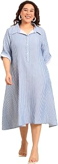 The Pink Moon Women's Plus Size Midi Dress, Blue and White, Casual, Cotton, Checkered, A-Line, Collared Neck Price In India