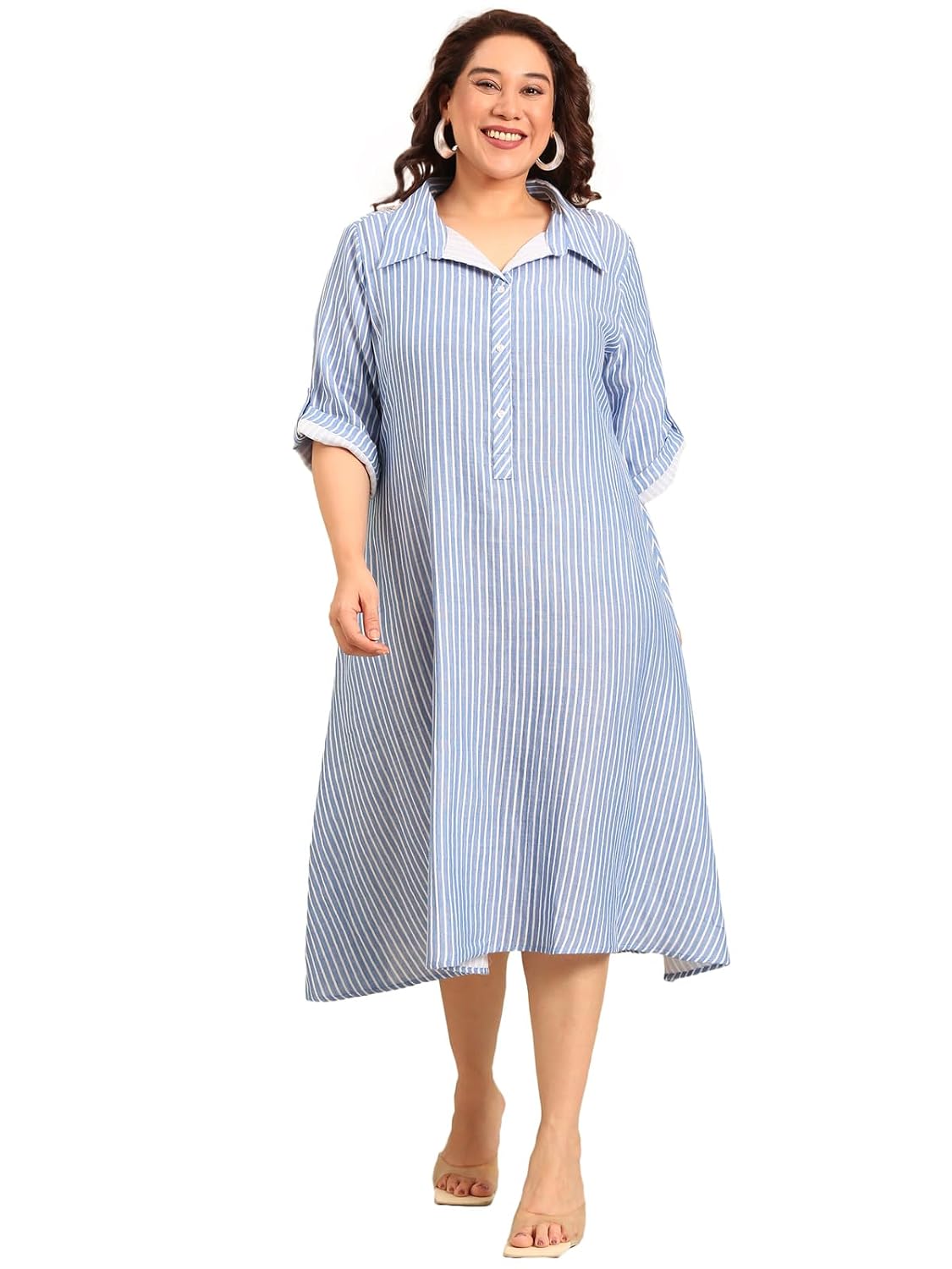 The Pink Moon Women's Plus Size Midi Dress, Blue and White, Casual, Cotton, Checkered, A-Line, Collared Neck - Review, Price and Buying Guide