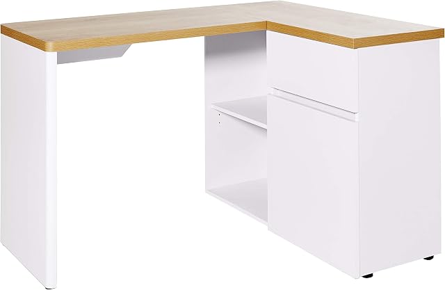 Amazon Brand - Movian Aulne 1-Door 1-Drawer Corner Desk with 2-Storage Compartments, 90 x 117 x 76cm, White/Light Brown Oak-Effect Top