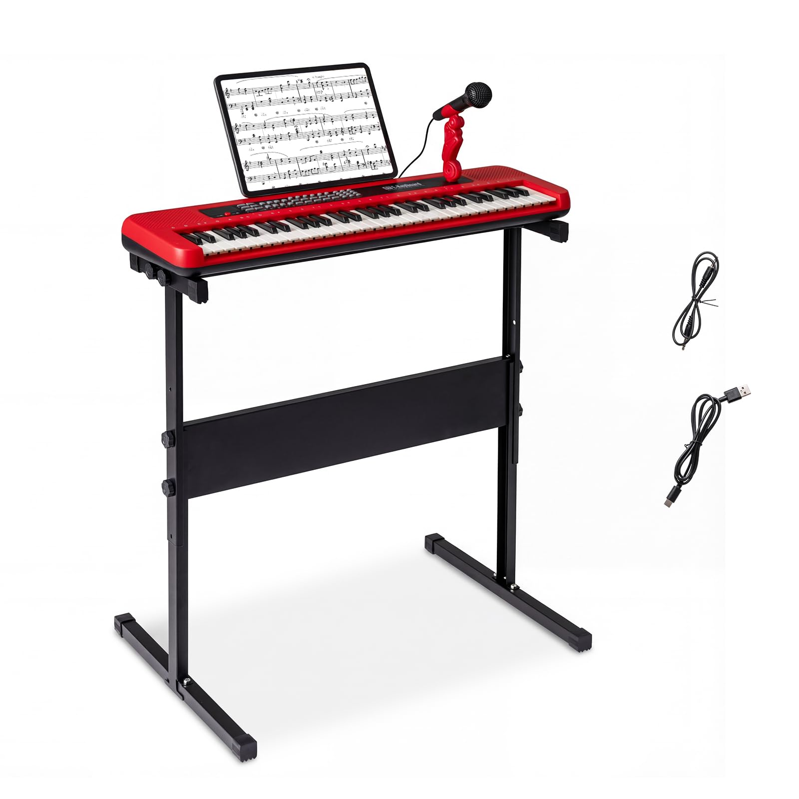KOMFOTTEU Tastiera Elettronica per Bambini di 3 Anni+, con Microfono e Leggio, Pianoforte Digitale a 61 Tasti con Supporto Regolabile, Pianoforte Elettronico, 200 Tonalità & Ritmi, 20 Demo (Rosso)