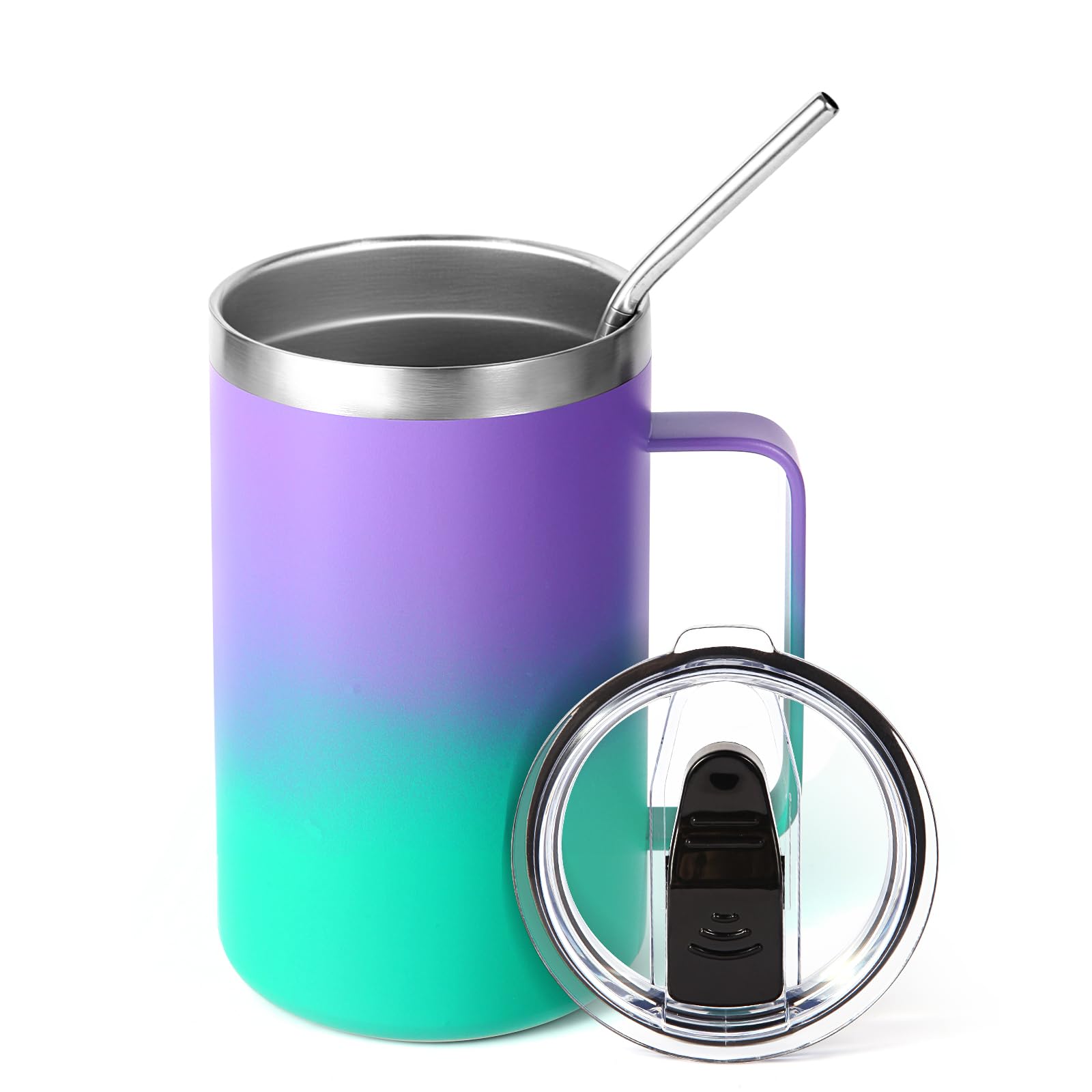 Volhoply 470ml (16oz) Insulated Coffee Mug with Lid and Straw, Stainless Steel Travel Mugs with Handle, Double Wall Vacuum Leak Proof Coffee Tumbler Cup (Purple Green,1)