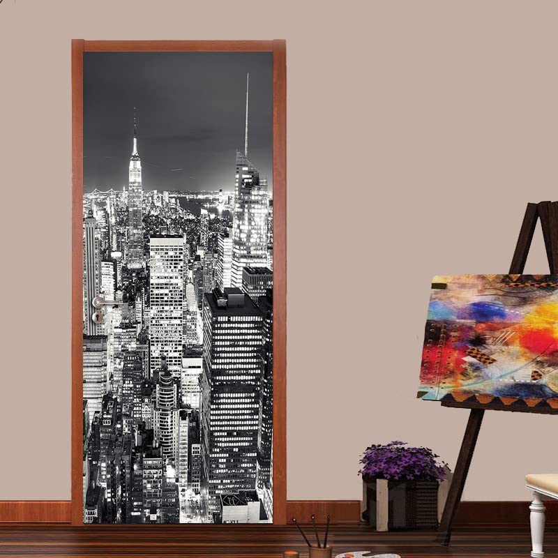 Sticker Porte Effet 3D la ville de new york en noir et blanc Poster de Porte, PVC Imperméable Papier Peint pour Chambre Salle de Bain Cuisine Décoration...