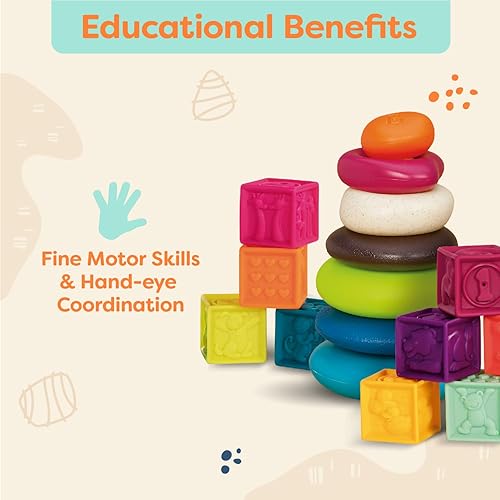 Vista 4 de B. toys Bloques de bebé y apilamiento - 10 bloques numerados y 5 anillos coloridos - Juego de construcción para bebés - Juguetes educativos - Una