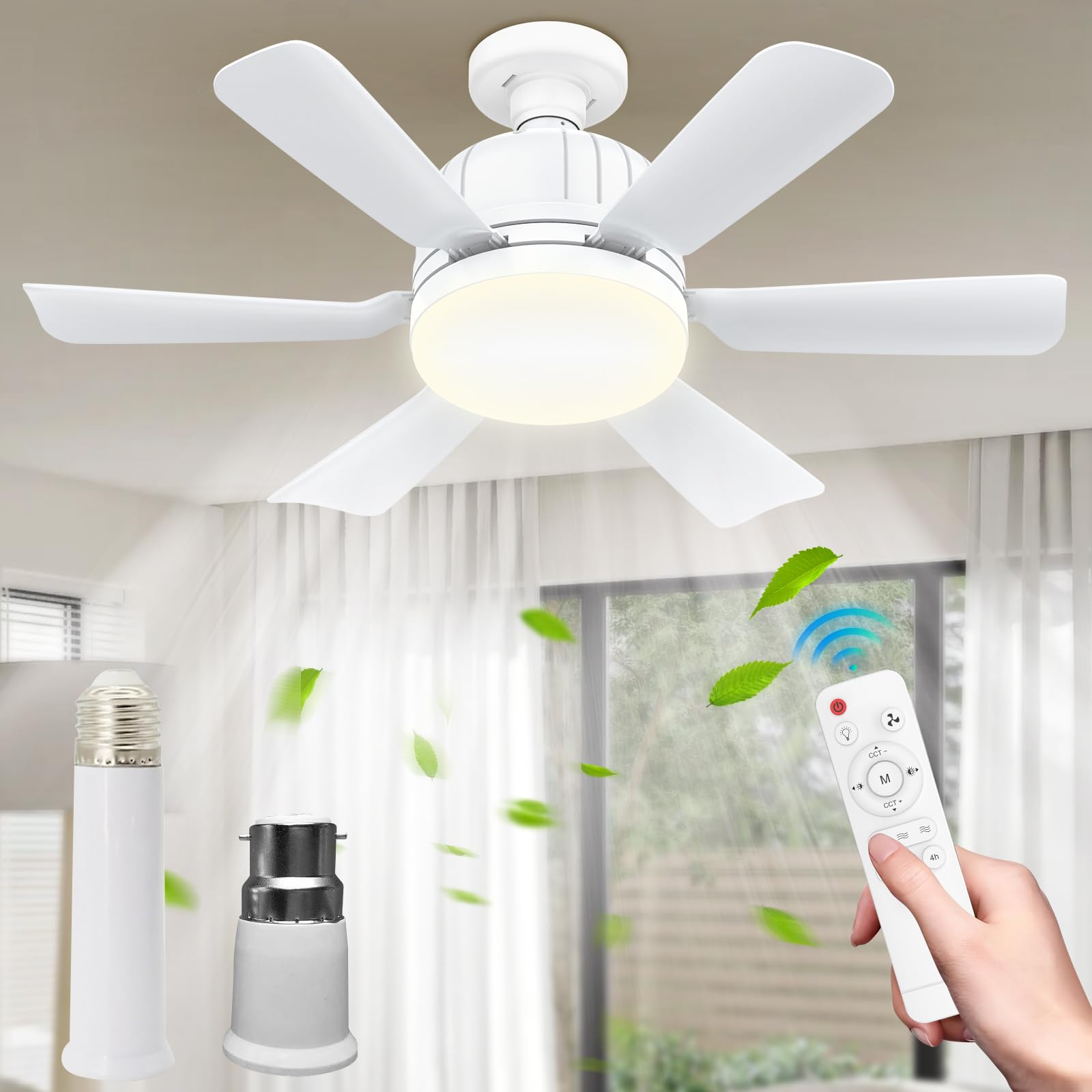 UOAESR E27 Ceiling Fan with Light and Remote, 40W Small Ceiling Fan Light 2H/4H Timer, Ceiling Fans Lamp, 3 Speeds & 3 Colour Temperatures, Quiet Fan for Bedroom, Office (White)