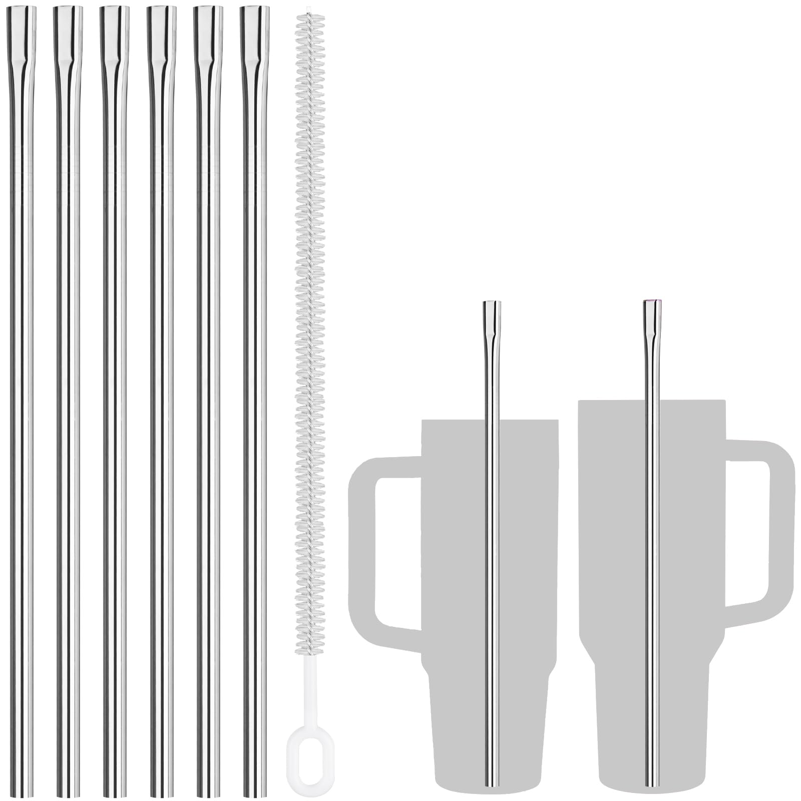 NiHome 6PCS 12" Anti-Wrinkle Flat Tip Reusable Stainless Steel Straws for Stanley 30oz 40oz Tumblers, Comfortable Lip-Friendly Design for Smoothie, Iced Coffee, Water (Silver, 6 Straight)-image-29