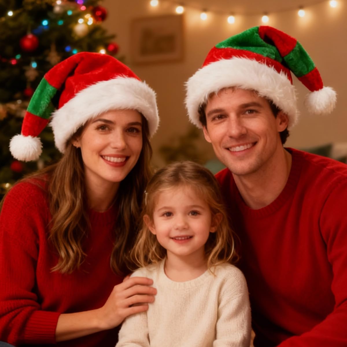 Christmas Elf Hat, Santa Hat for Adult Women Man Red & Green Stripe Large Plush with Lining for Party Supplies Gift - Image 6