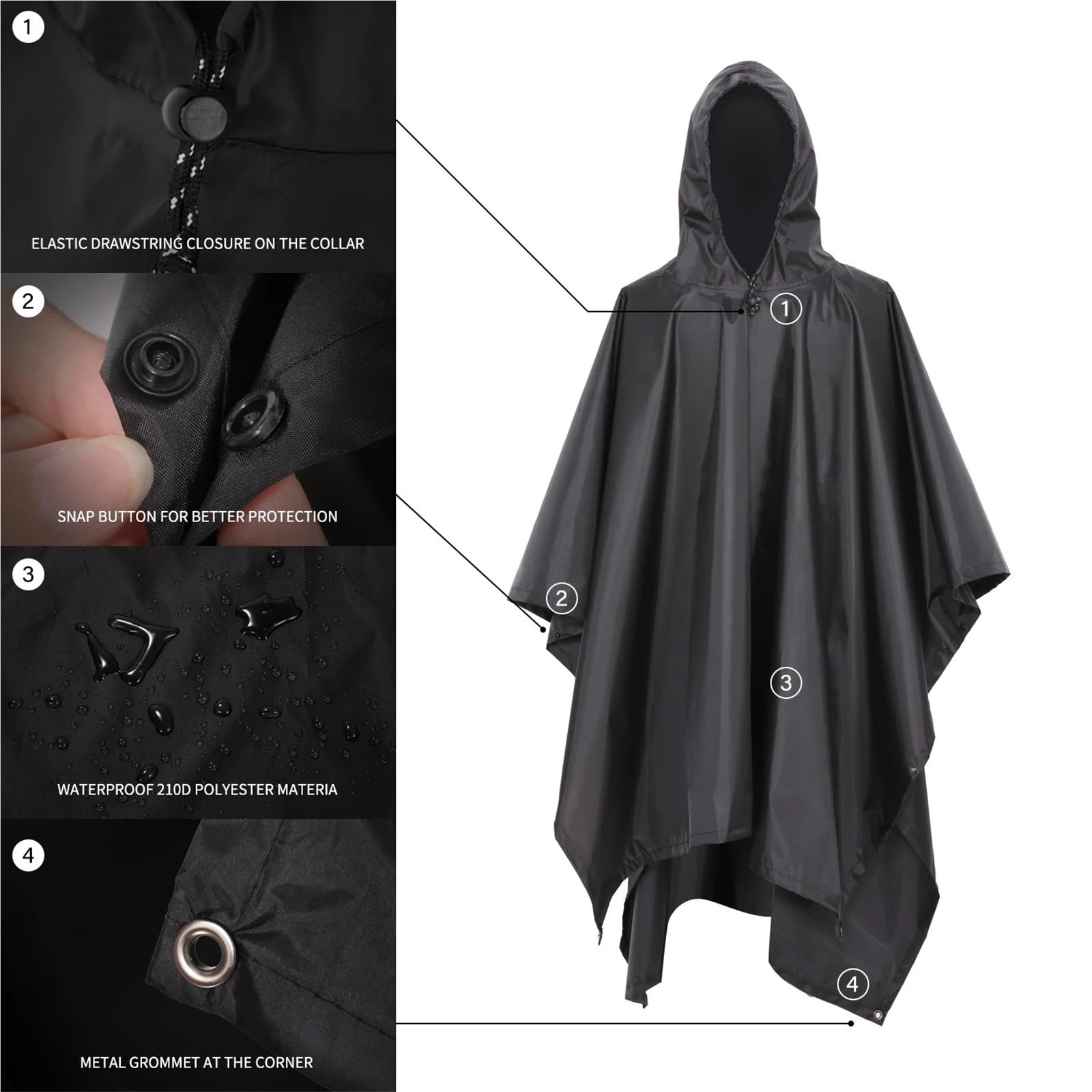 Poncho De Lluvia Poncho de Lluvia Impermeable, Abrigo Ligero con Capucha for la Lluvia, Estera de Picnic, Manta, Refugio Solar for Acampar al Aire Libre, Senderismo, Ciclismo y Escalada(Black)