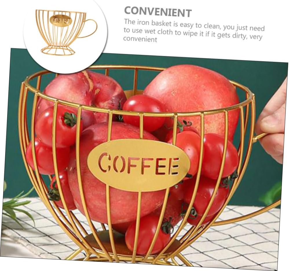 Angoily Metal Coffee Pod Basket Organizer Hollow Multipurpose Coffee Bar Holder with Large Capacity for Capsules Fruit and Accessories Elegant Gold Countertop Storage for Kitchen and Home