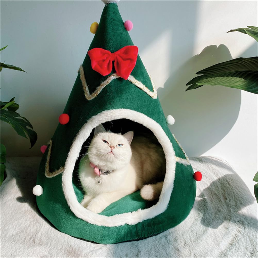 GPPSUNGD Christmas Tree Cat Bed for Indoor Cats House Tent with Detachable Pillow Xmas Cave Beds for Pets Cats and Dogs (19.7 X 17.7 Inch, Green Xmas Tree)