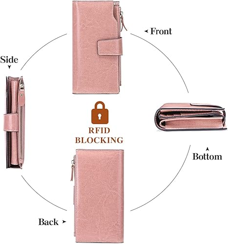 Miniatura 4 de Cartera larga de cuero real para mujer, con bloqueo RFID, tarjetero de débito de crédito, bolsillo con cremallera y caja de regalo, Rosado, Bifold