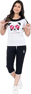 STYLEAONE Women's Cotton Printed Night Suit Set of Top & Capri (Black & White) Price In India
