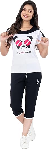 STYLEAONE Women's Cotton Printed Night Suit Set of Top & Capri (Black & White)