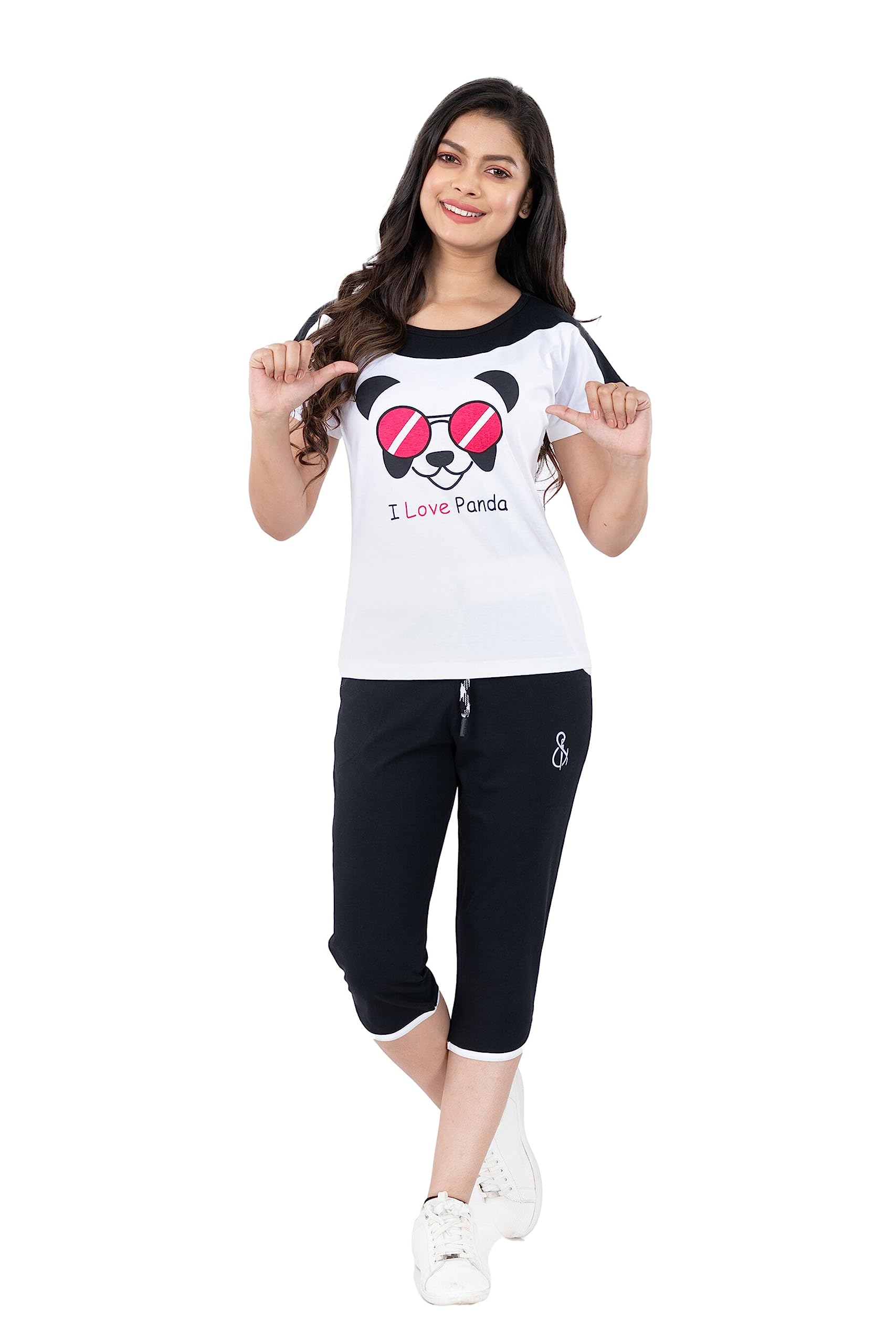 styleaone Women's Cotton Printed Night Suit Set of Top & Capri (Black & White)-picture-31