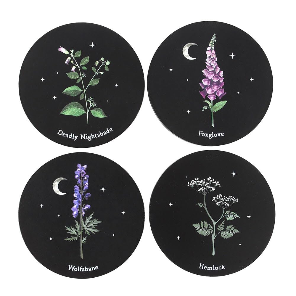 Poisonous Plants Coaster Set – Set of 4 Heat-Resistant MDF Coasters with Botanical Illustrations for Unique, Gothic-Inspired Home Decor