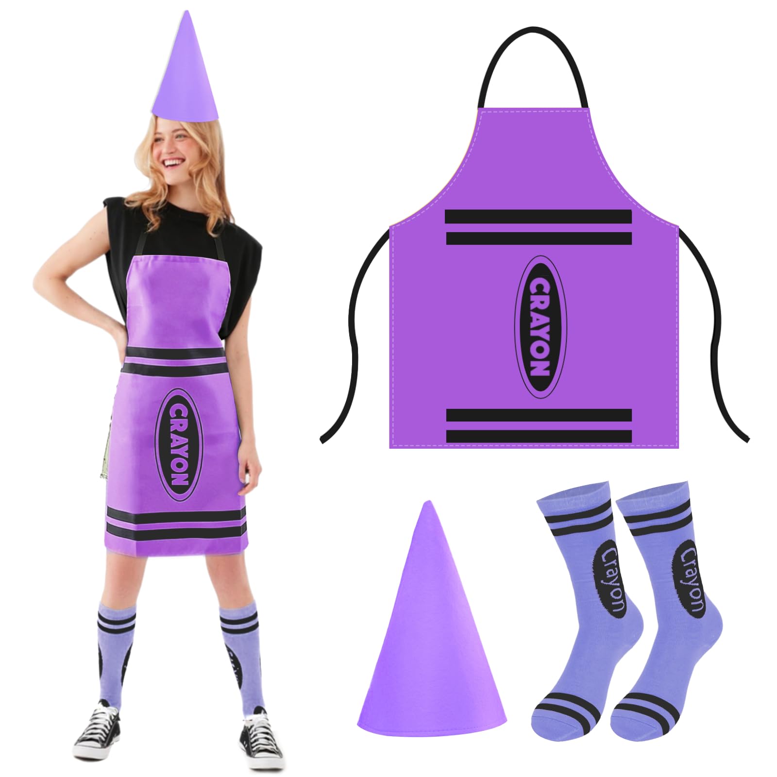 Crayon Costume Adult 3Pcs,Colorful Crayon Fancy Dress Include Crayon Apron, Funny Cone Hat And Striped Socks,Unisex World Book Day Costumes,Halloween Party Christmas Group Cosplay Outfits (Purple)