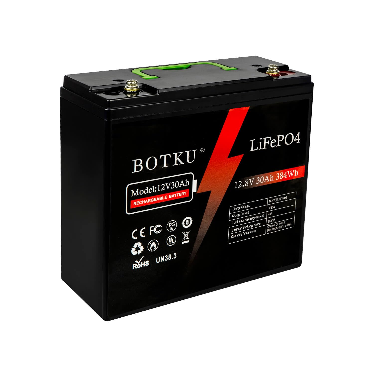 BOTKU 12V 30Ah Lithium LiFePO4 Deep Cycle Battery, 3000+ Cycle Rechargeable Lithium Iron Phosphate Battery for Solar, Fish Finder, Marine, Outdoor Camping, Off-Grid Applications with 30A BMS