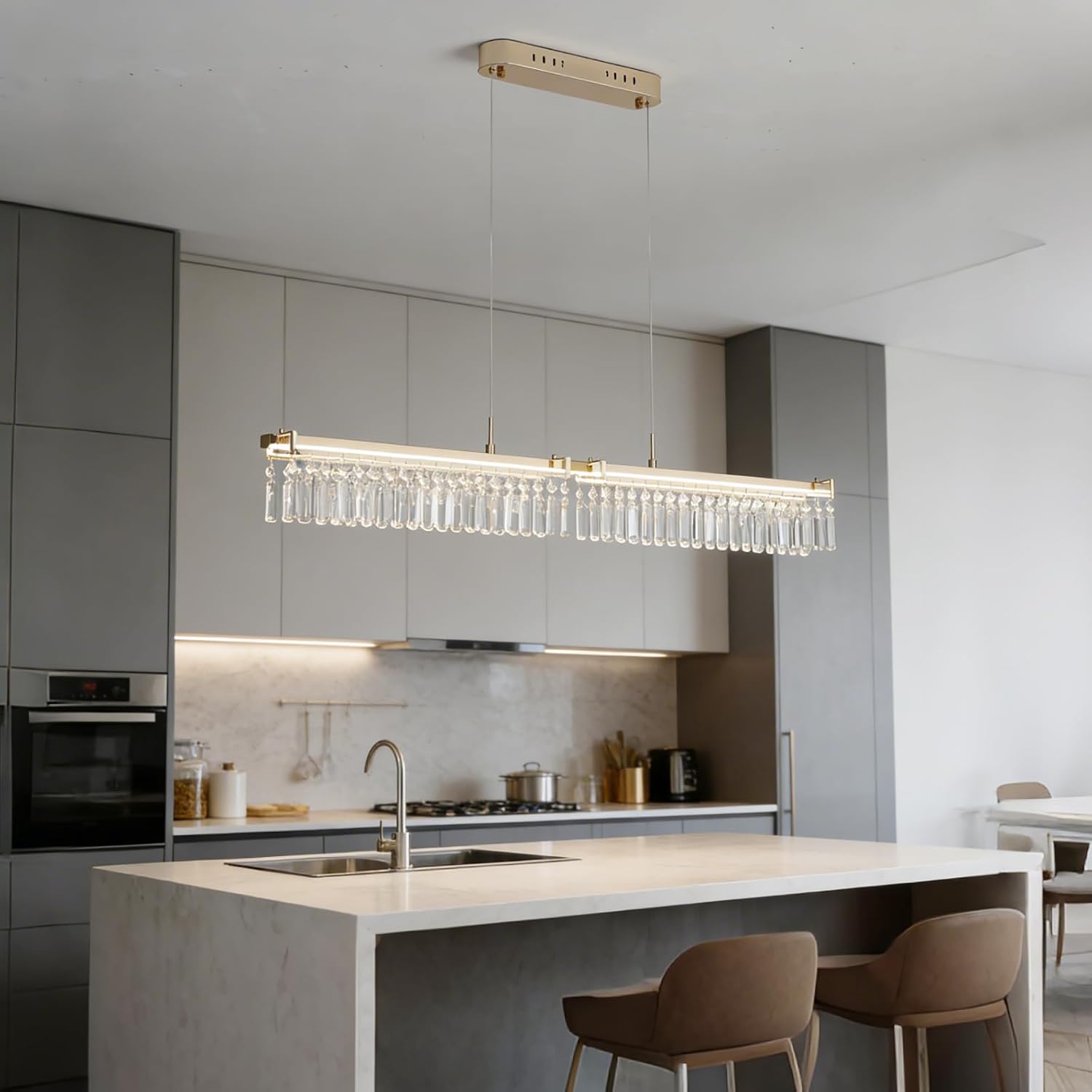 46 Inch Gold Crystal Chandelier, 31W 3700LM Dimmable Linear LED Pendant Light for Dining Room, Adjustable Height K9 Crystal Chandelier for Kitchen Island, Polished Gold Finish