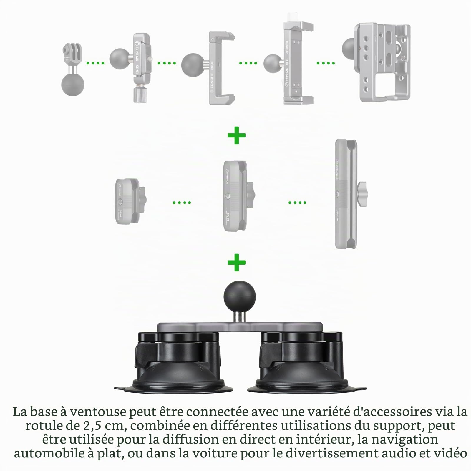 FANAUE Ventouse pour Voiture avec Adaptateur de Boule d'un Pouce, Double Ventouse Compatible avec Les Bras à Double Prise RAM MOUNTS, pour Montage sur Le Pare-Brise de la Voiture.