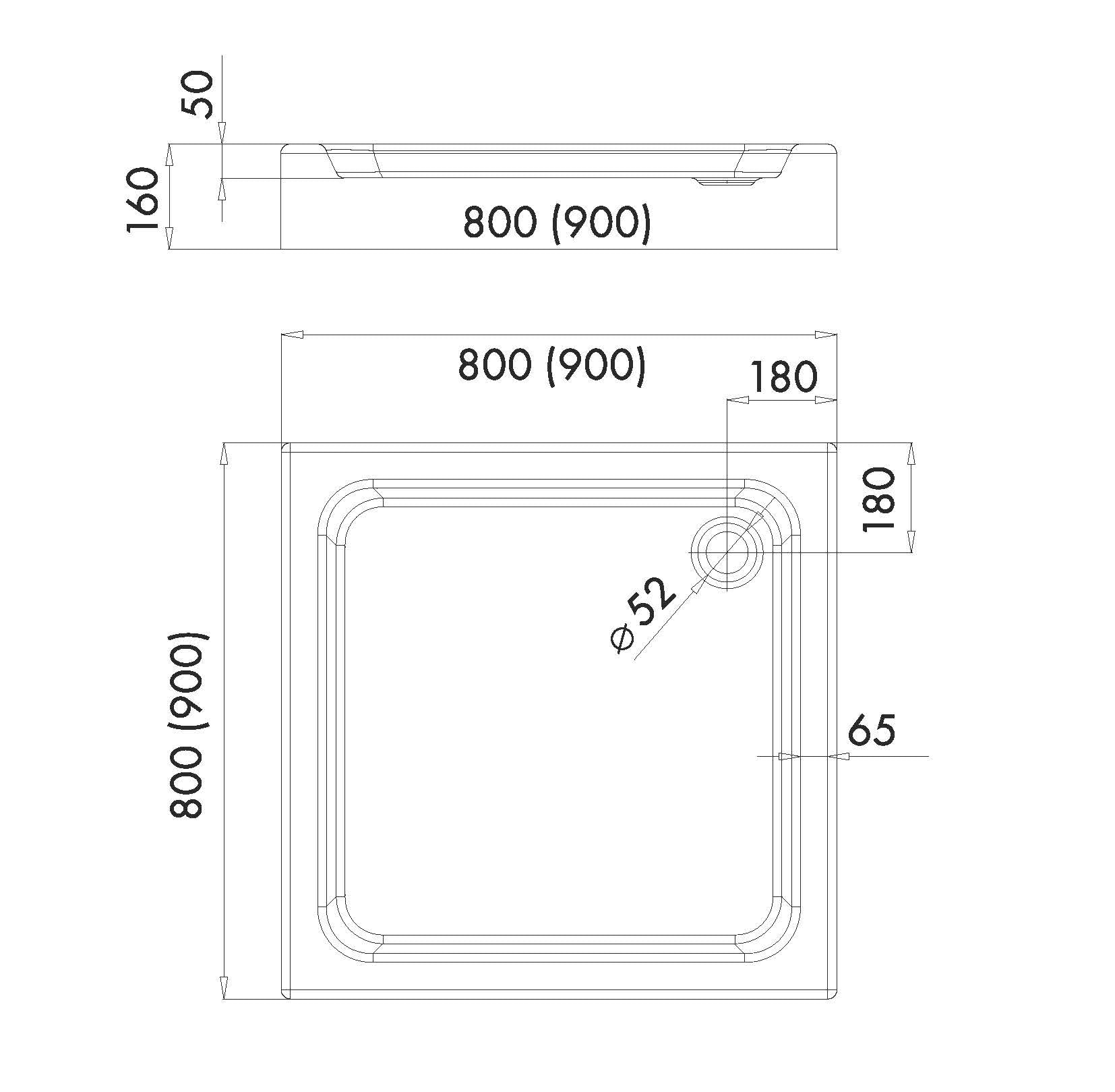 Aquabad Duschwanne NORMA, Maße 90x90cm Quadrat für Duschecke, Duschnische, 3x integrierte Standvorrichtung, Domoplex Siphon, Weißes Sanitäracryl