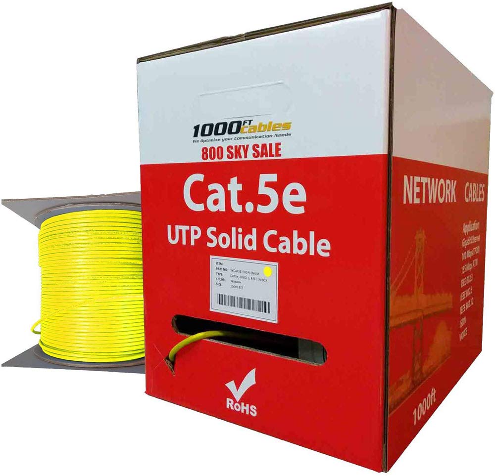 CAT5e Plenum (1000 Feet) Bulk 350MHz Networking Ethernet CMP Cable (Yellow)