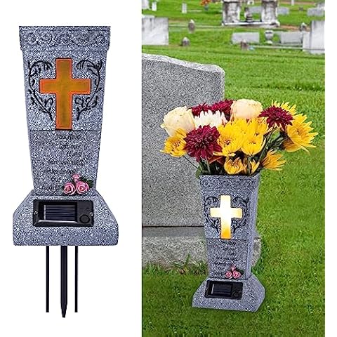 Solar Cemetery Grave Vase with LED for Fresh/Artificial Flowers Headstones Vases with Spikes Gravestone Decor Memorial Gifts for Loss of Loved One Cover