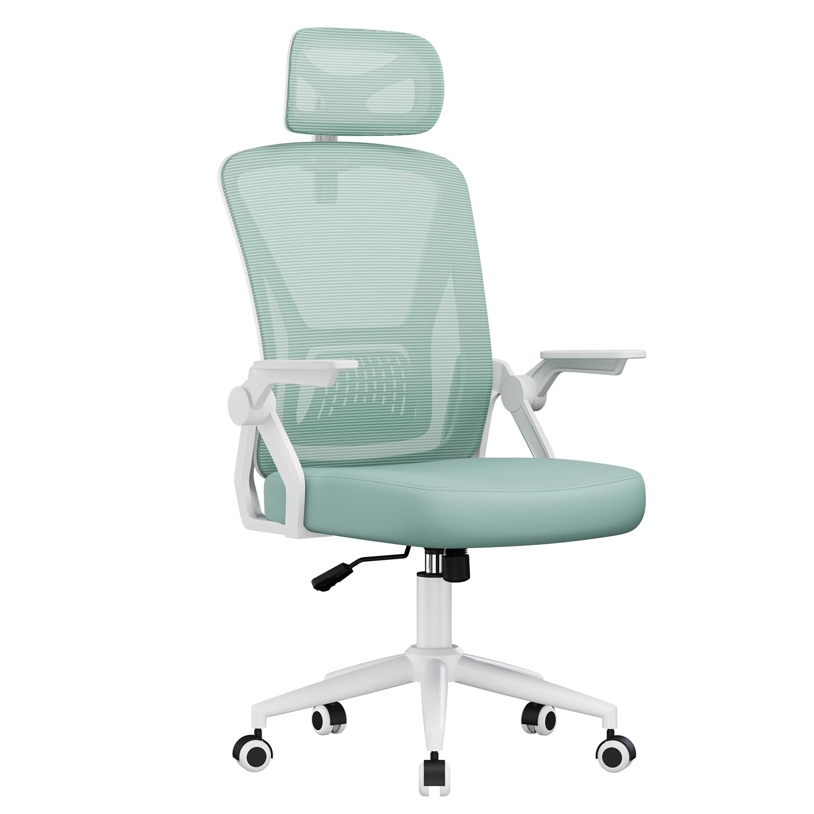 naspaluro Chaise de Bureau Ergonomique avec Accoudoirs Rabattables à 90° (avec Appui-tête, Blanc- Vert)