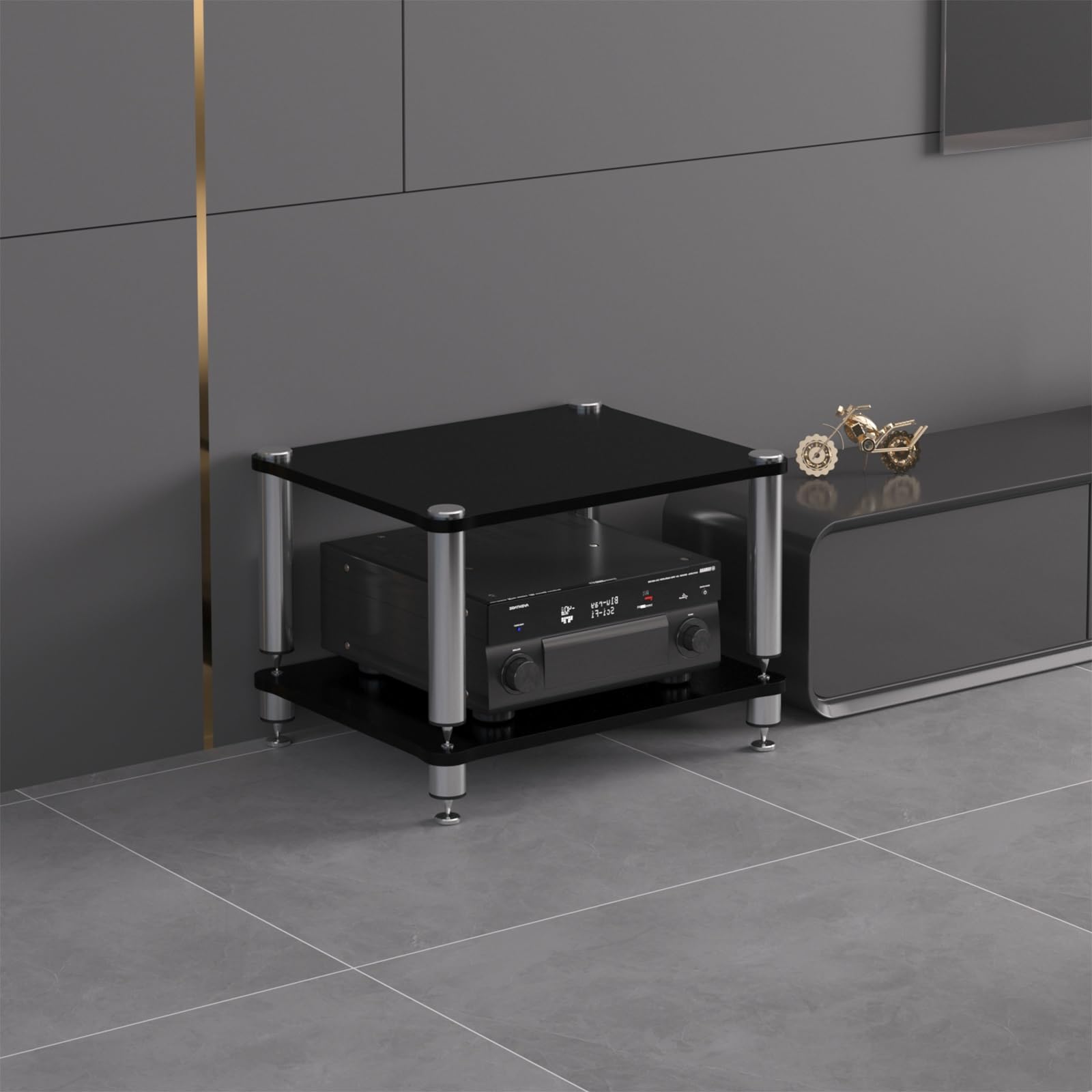 AV HiFi drewniany stojak na gramofon, 3-poziomowy stojak na wieżę dźwiękową, dwuwarstwowy schowek na wiele urządzeń (czarny) - stylowe meble audio