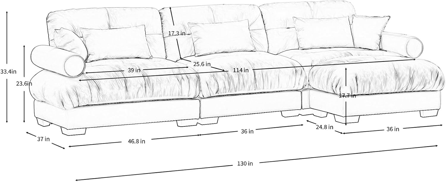 130"Oversized Couch, 3 Seater Modular Sectional Sofa, Olive Green Large L Shaped Sectional Couches for Living Room, Fluffy Couch Set, 3 Seater, Velvet Cloud Couches with Ottoman, Sofas for Living Room 3 Seater + 1 Ottoman Olive Green