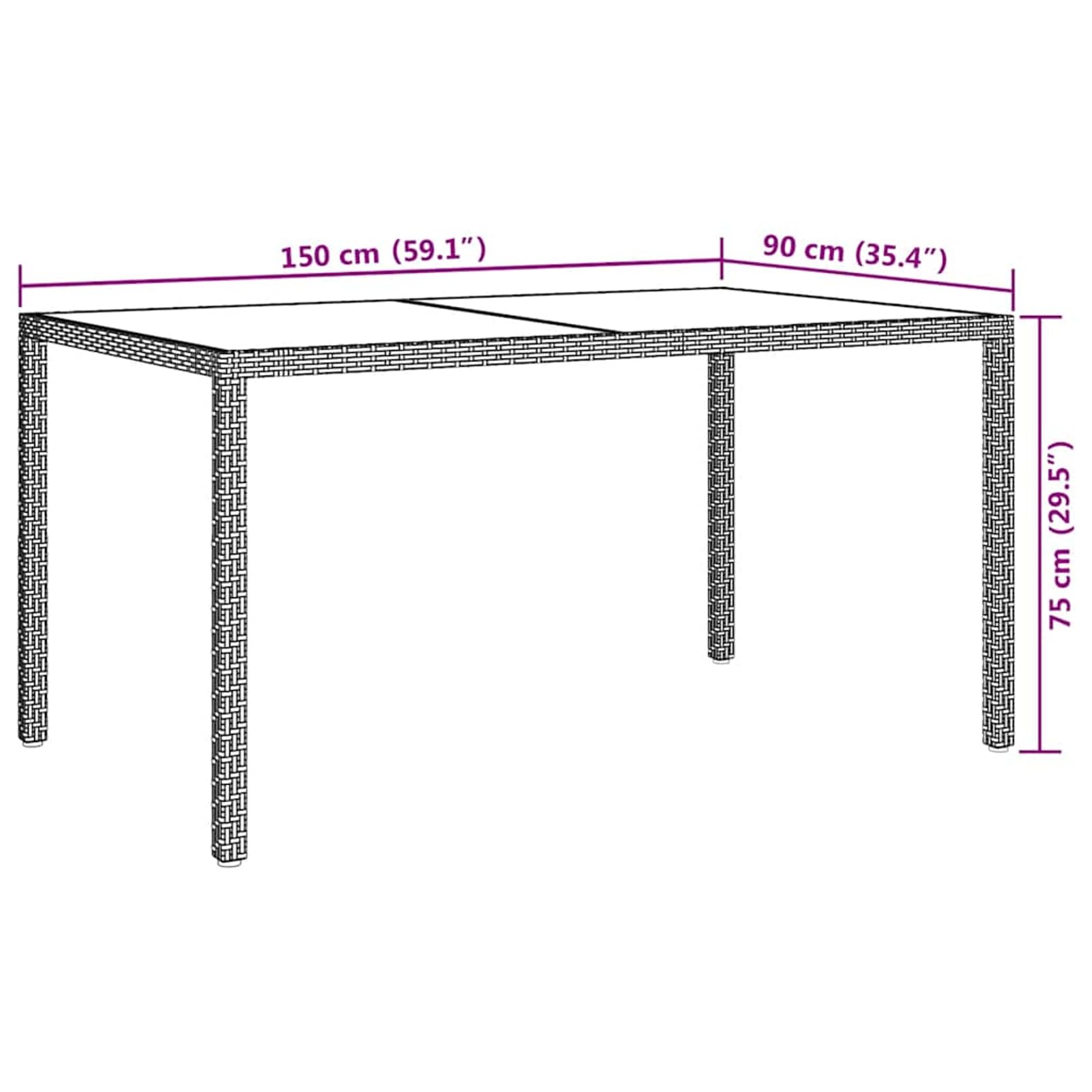 Stół ogrodowy 150 x 90 cm, polirattan, szary | Płyta ze szkła hartowanego, stal malowana proszkowo, odporna na warunki atmosferyczne, wytrzymała konstrukcja na taras