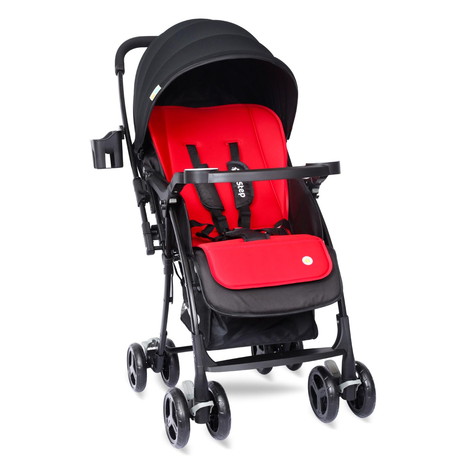 1st Step Caramel Baby Pram Cum Stroller with 5 Point Safety Harness/Infinitely Reclining and Cushioned Seat/Reversible Handle/Front Swivel Wheels Capacity 15kg (Red)