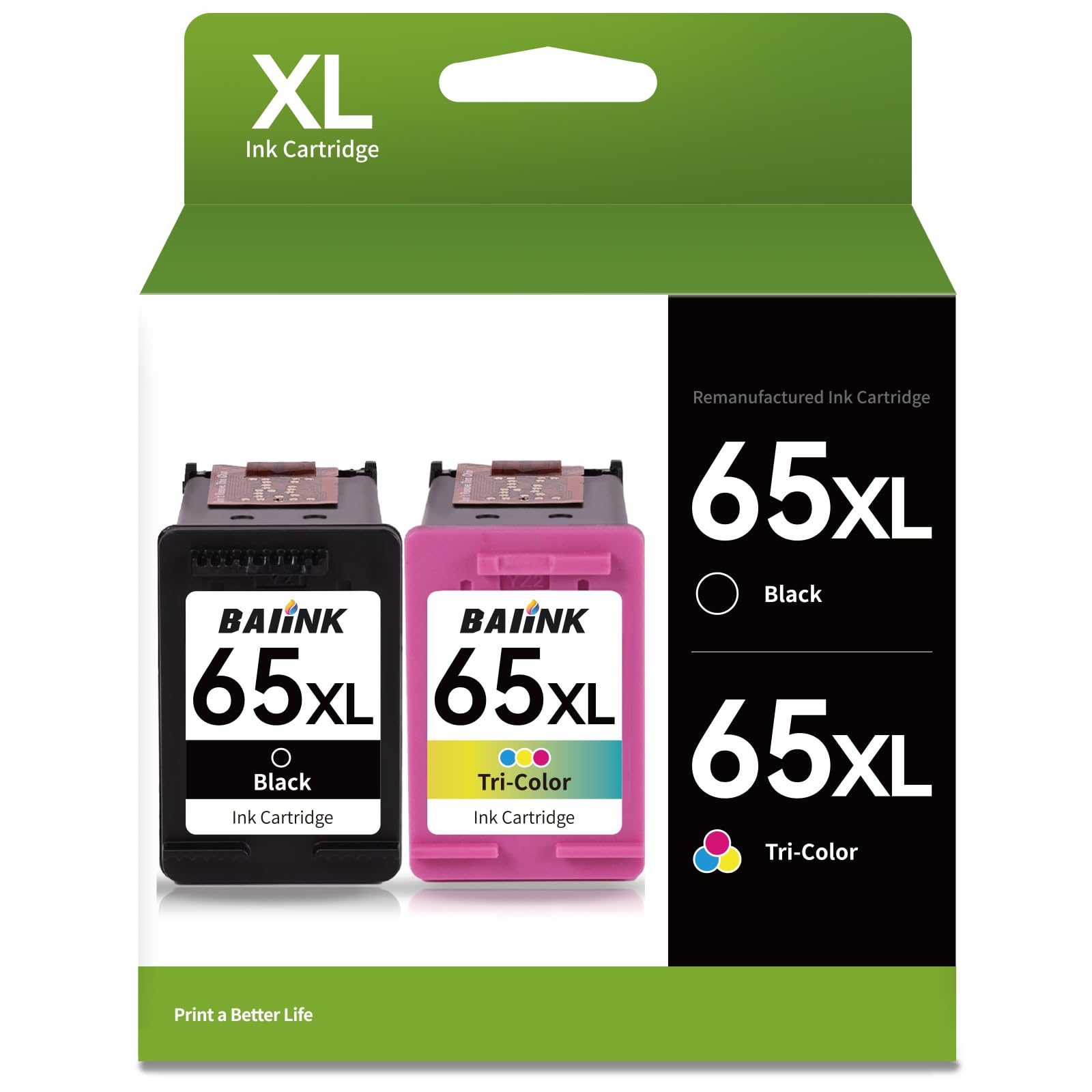Remanufactured Ink Cartridge Replacement for HP Ink 65 HP 65XL for 3755 3700 3752 3772 2600 2622 2652 2655 5055 5000 5052 5014 100 120 130 Printer (Black and Color 2-Pack)ClimatePartner certified