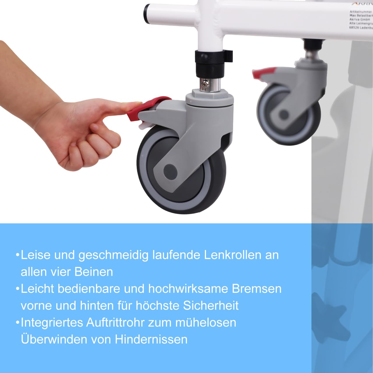 Akriva fahrbarer Toilettenstuhl mit verstellbarer Sitzhöhe aus Aluminium mit gepolsterter Sitzfläche und Eimer - Toilettenrollstuhl - Zimmerrollstuhl - WC-Rollstuhl