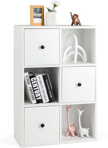 LOKO Estantería de 6 cubos con cajones, estantería de madera moderna de 3 niveles con dispositivo anticaída, organizador de almacenamiento multiusos