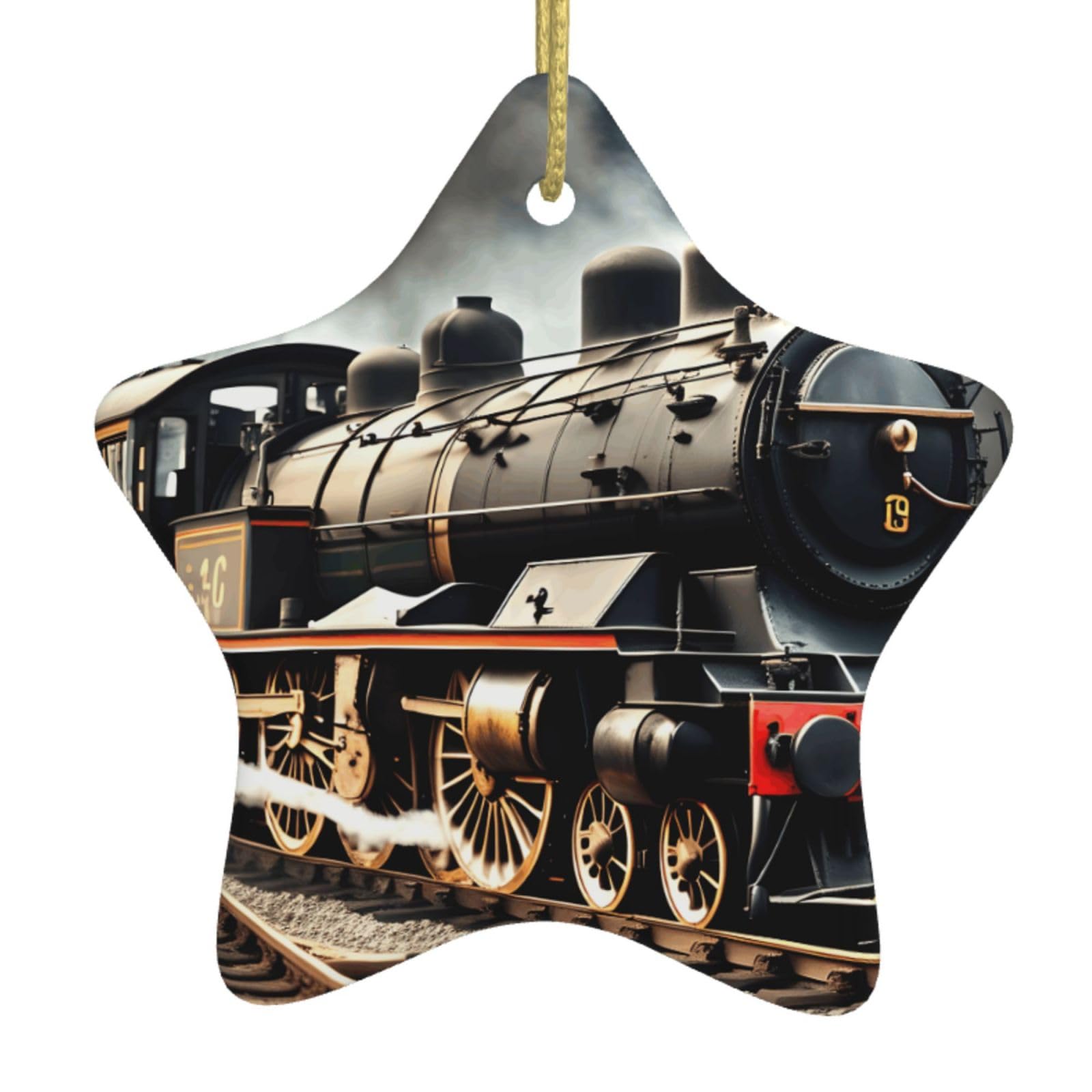 Nbtghga White Steam Locomotive Train Print Christmas Ornaments, Ceramic Hanging Ornament, Round Shape Decorations