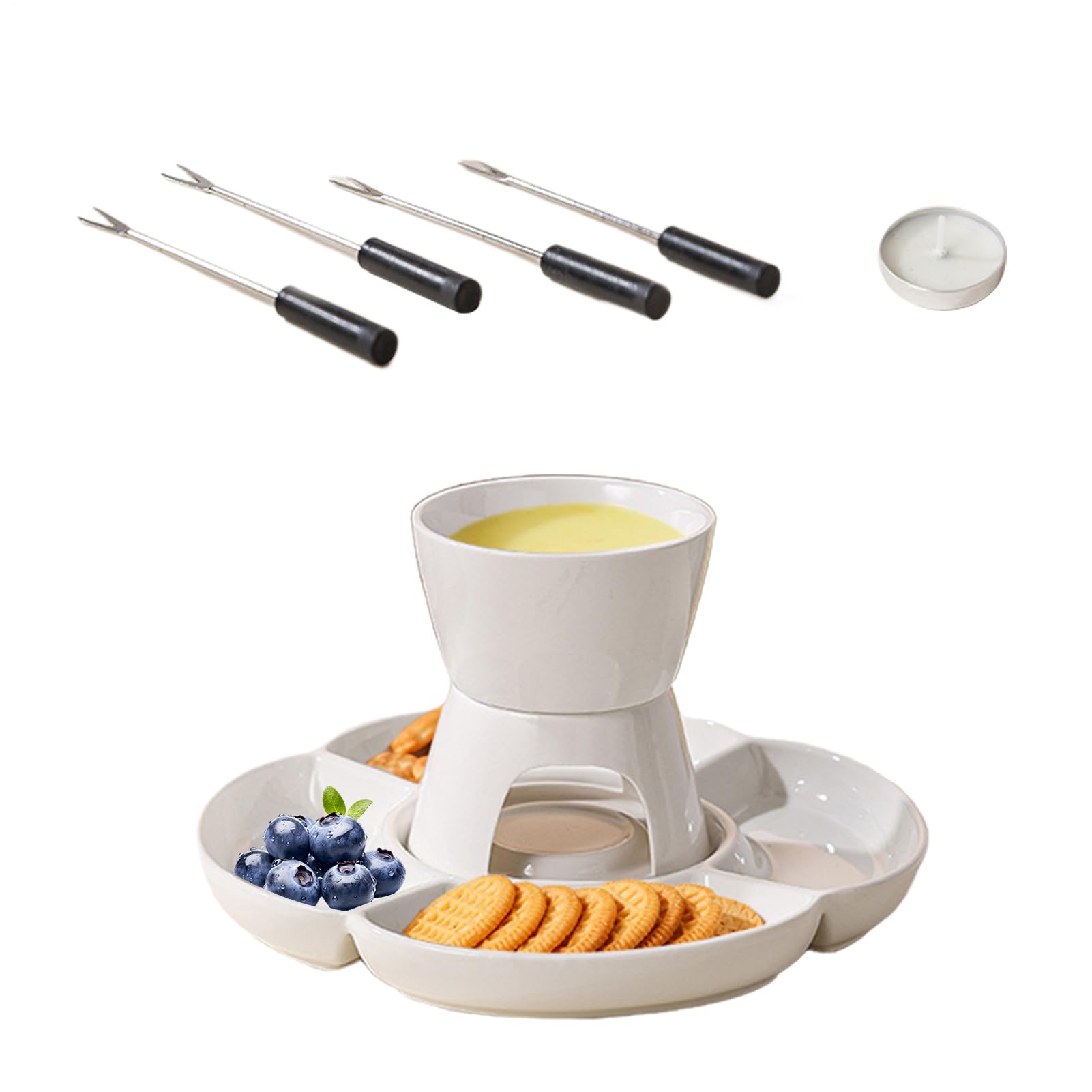 Schokoladenfondue-Set Keramik, Teelichtheizung, Fonduegabel, Tablett