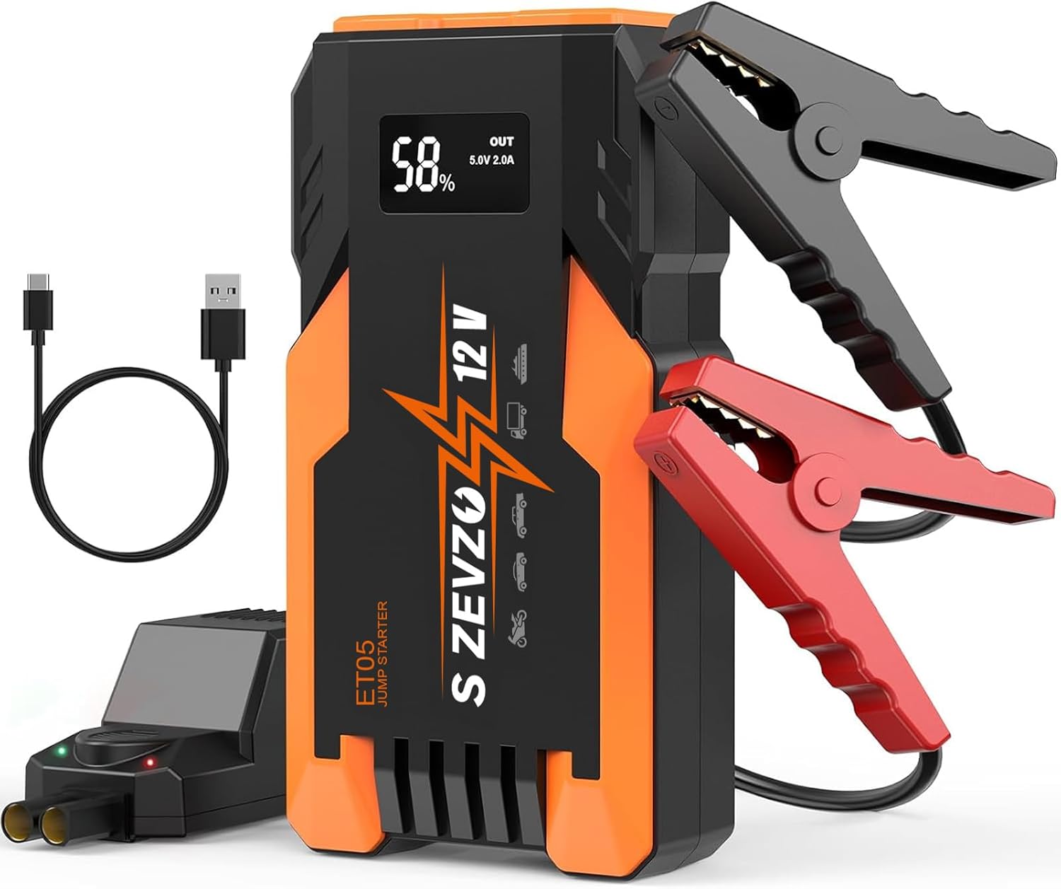 S ZEVZO ET05 Jump Starter 3000A Portable Car Jump Starter Battery Pack (7.2L Gas/ 5.5L Diesel), 51.8Wh 12V Jump Box with USB Ports, LCD Display and 3 Modes Flashlight
