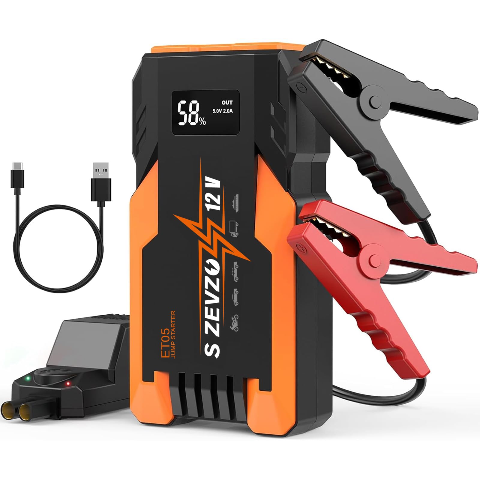 S ZEVZO ET05 Jump Starter 3000A Portable Car Jump Starter Battery Pack (7.2L Gas/ 5.5L Diesel), 51.8Wh 12V Jump Box with USB Ports, LCD Display and 3 Modes Flashlight