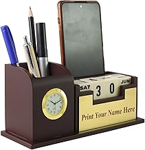 SHIVOM CRAFTS� Name Printed, Pen Stand for Office Table, Desk Organizer with Wooden Calendar, Pen Stand, Mobile Holder for Home and Office - Customized, Personalized Gift/Get Name Printed (Gold)