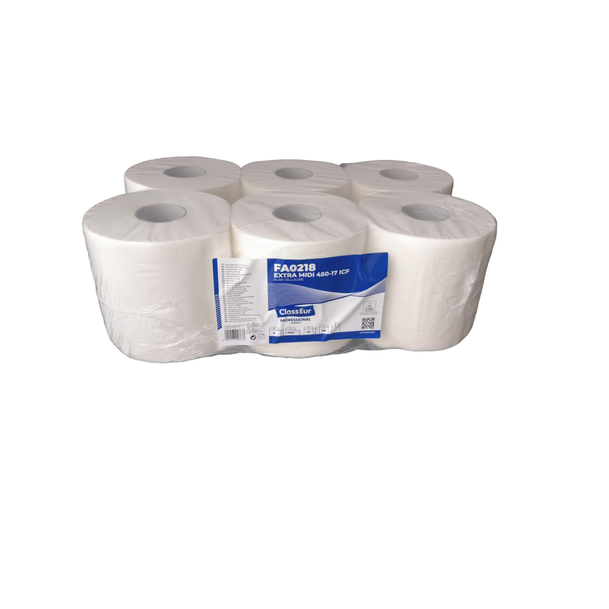 Lot de 24 rouleaux d'essuie-mains en papier blanc gauffré Ecolabel 450 feuilles par bobine à dévidage central essuie tout pure cellulose de qualité professionnelle