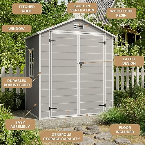 Gizoon 6x4.4 FT Resin Outdoor Storage Shed with Lockable Door for Bikes, Tools, and Garbage, Grey & White