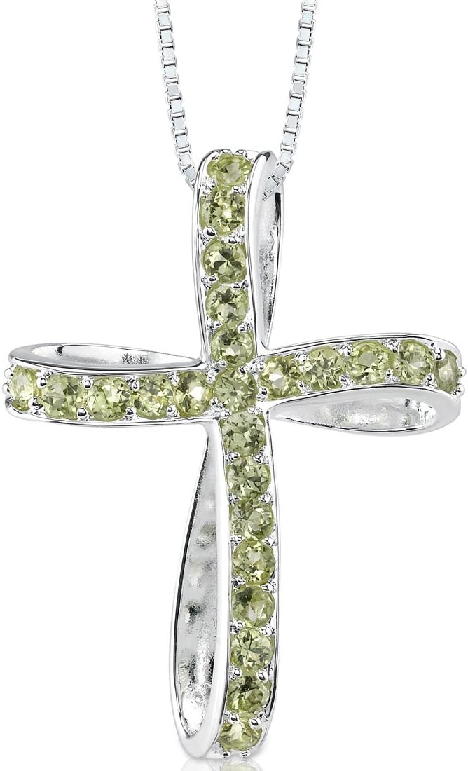 PEORA Peridot Cross Pendant Necklace for Women 925 Sterling Silver, Natural Gemstone, 1.50 Carats total, with 18 inch Chain, Real Green Peridot Jewelry, August Birthstone Earrings, w/Jewelry Box