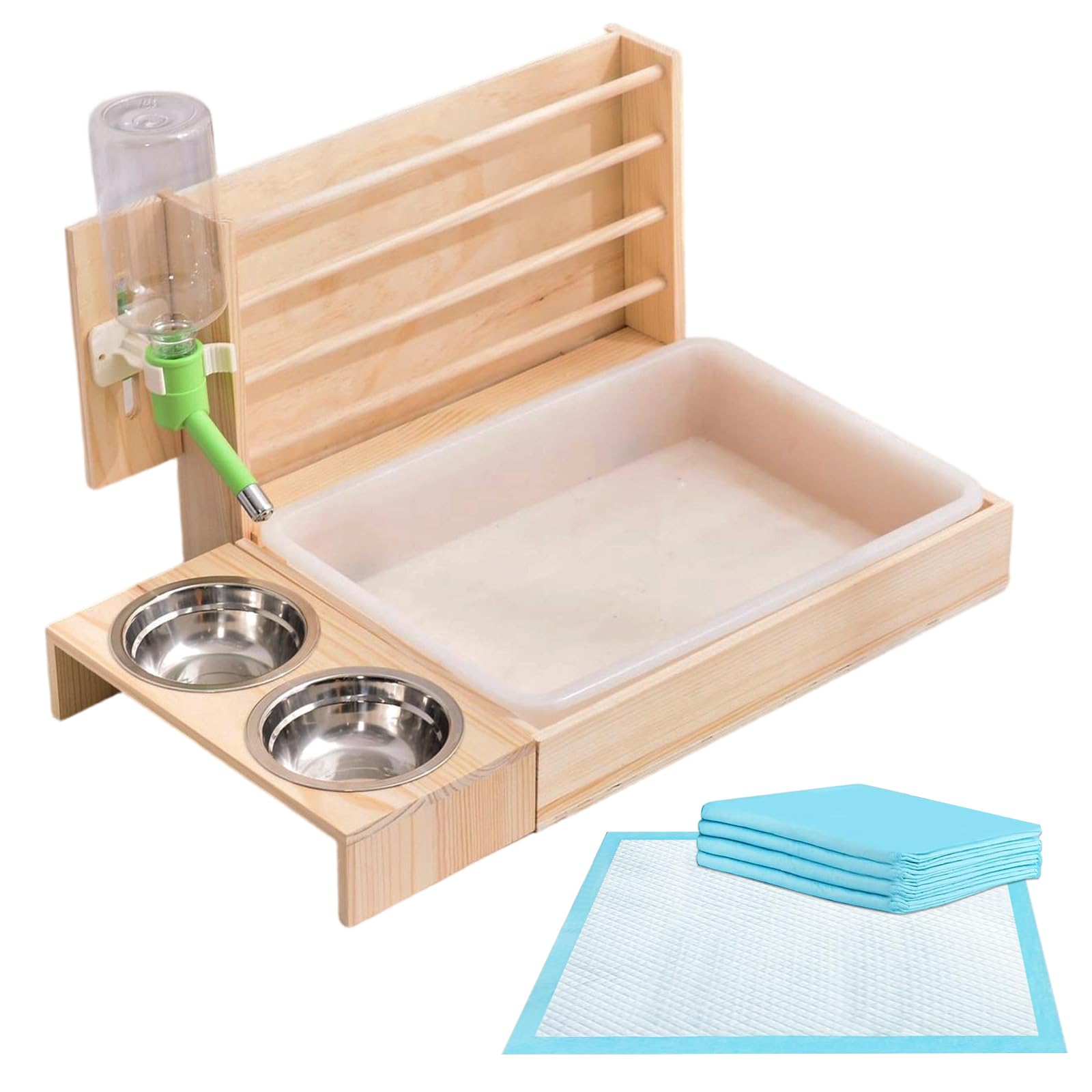 Kaninchen Heu Feeder mit 2 Näpfen, 4 in 1 Heuraufe Kaninchen | mit Hasentoilette, Holz Futterspender mit Trinkflasche für Kaninchen, Meerschweinchen, Hamster, Chinchilla, Hasen Zubehör
